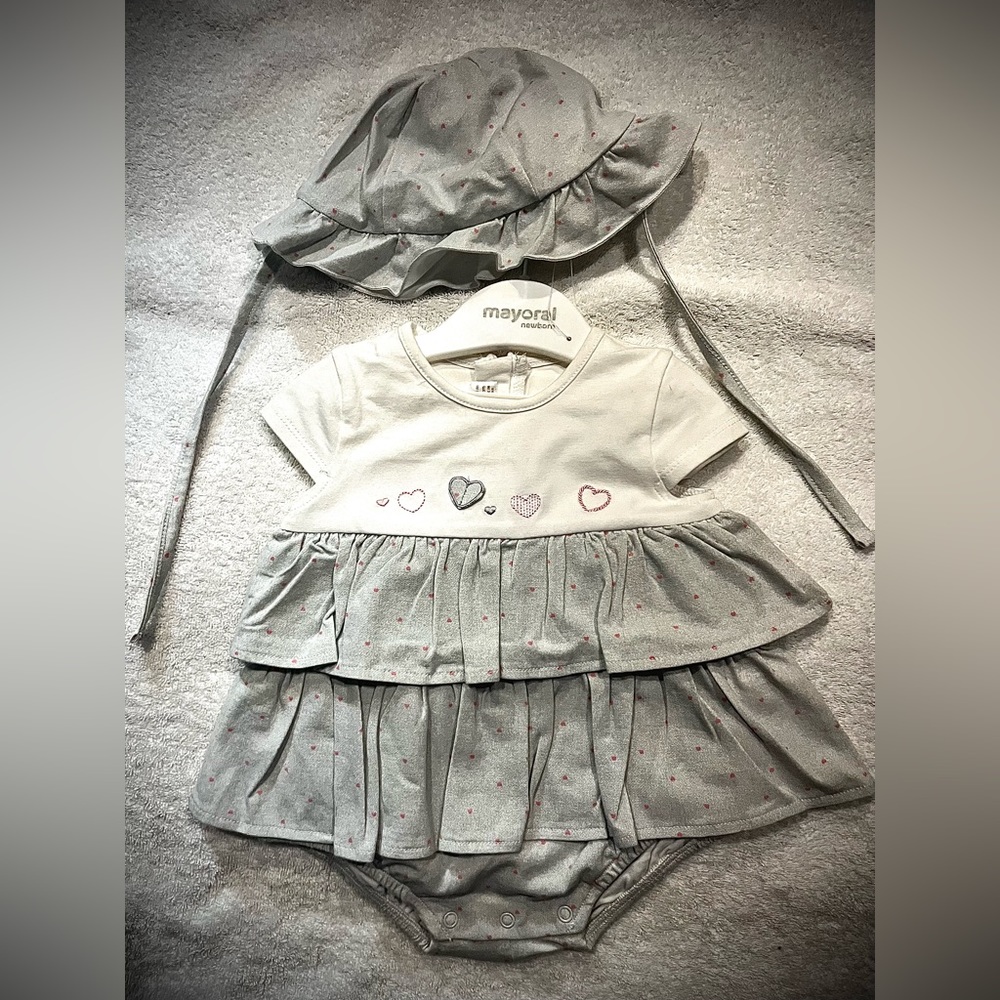 NWT. 2piece set. BRAND:Mayoral/ Onesie w/attached ruffle skirt & matching hat